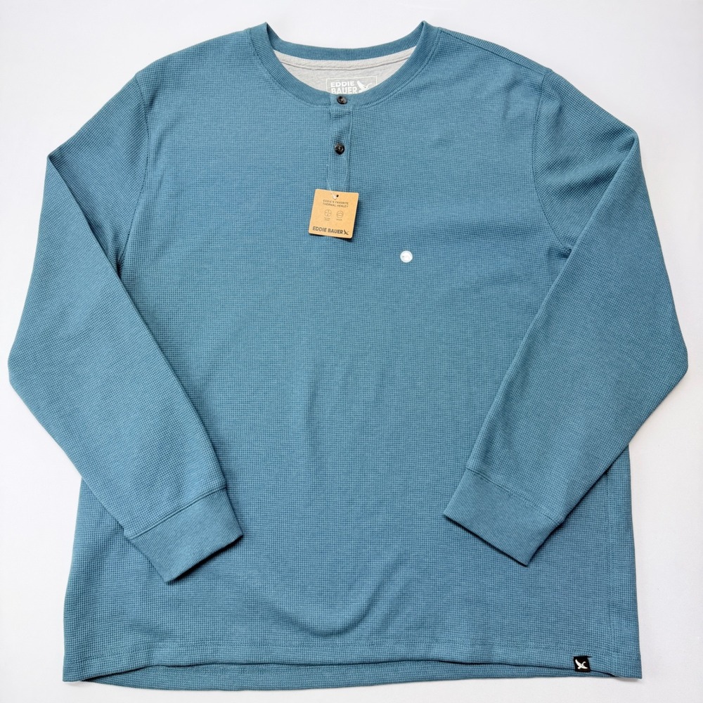 Eddie Bauer Mens 2XL Sea Blue Thermal Henley Waffle Knit Long Sleeve Shirt NWT